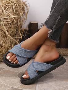 女士纯色沙滩休闲优雅学院风公主性感街头面料流苏厚底拖鞋，适合海滩、度假、大学派对、户外、居家、四季 - 藍色 - 查看 4