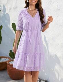 Women's Short Sleeve Swiss Dot V Neck Dress Casual A Line High Waist Dress Summer Solid Ruffle Mini Dress - 紫色 - 查看 2