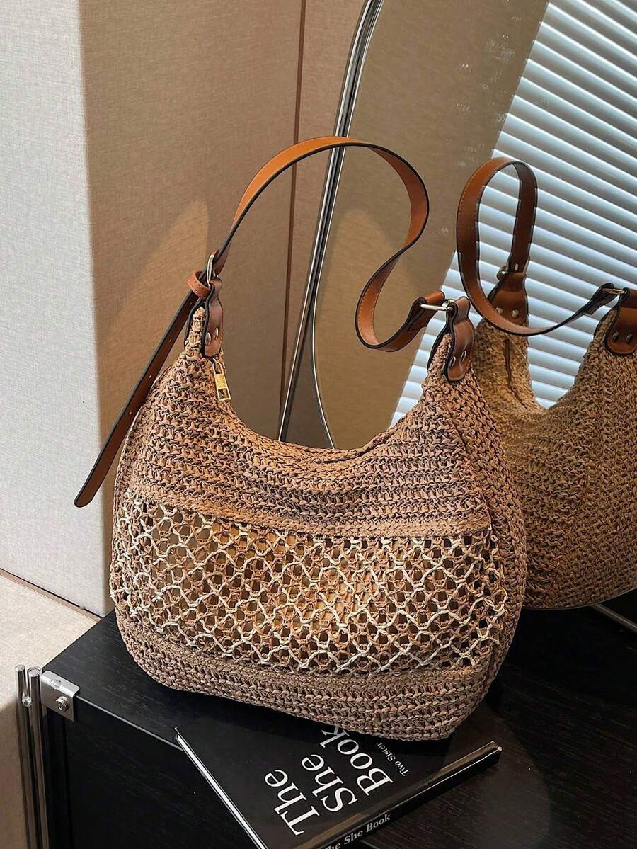 New French Woven Tote Bag, Large Capacity Beach Vacation Crossbody Shoulder Bag For Summer - Khaki - View 1