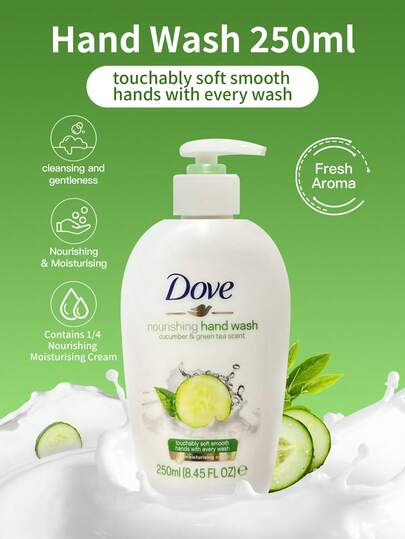 Dove 1瓶250毫升多芬黄瓜绿茶洗手液，清爽控油清洁，提亮肤色，蕴含黄瓜提取物和绿茶成分，泡沫丰富，清洁、除臭、抗菌，适合所有肤质，日常清洁