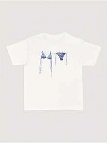 Chic Women's Graphic Tee - Soft, Breathable & Vibrant Printed Design - Casual Crew Neck Short Sleeve T-Shirt With Minimalist Blueprint Bra Top - trắng - Xem 1