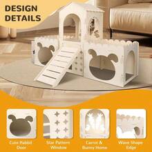 Large Rabbit Hideout Bunny Castle Wooden Bunny House Hay Feeder Detachable Rabbit Hideaway Indoor Rabbit Castle With Ramp Small Animal Houses Habitats - Wooden - 查看 4