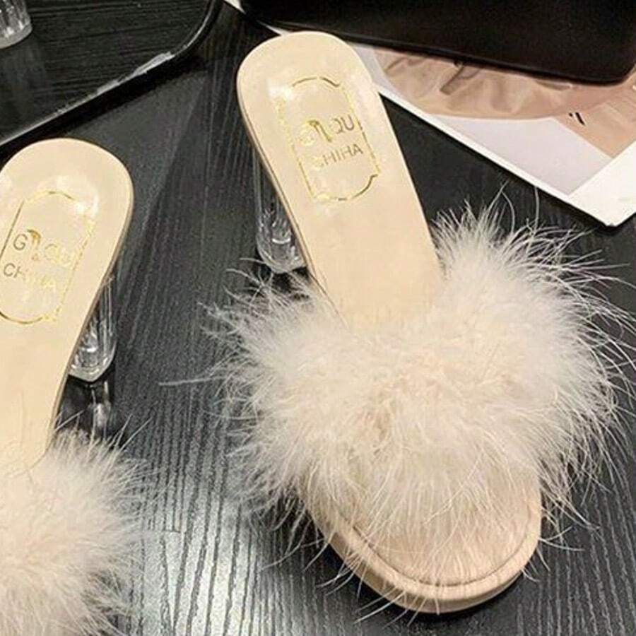 Furry High Heels For Outdoors - 杏色7公分升級版 - 查看 1