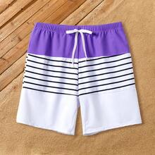 PP Family Matching Colorblock Stripe Swim Trunks Or Purple Tie Halter Scallop Trim Swimsuit - 紫色 - 查看 4