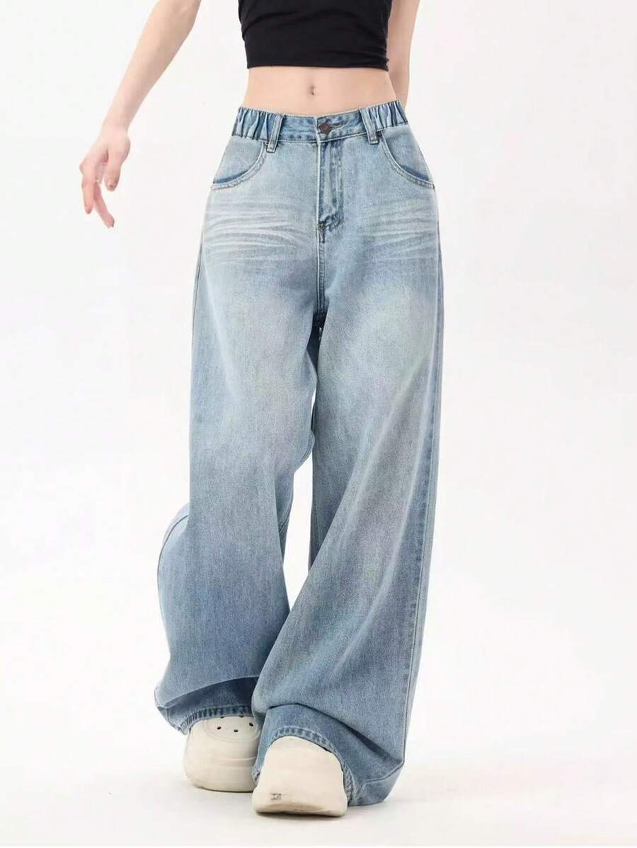 Teen Girl Light Blue Straight Leg Jeans, Retro Loose Wide Leg Pants, American Casual Style - Blue - View 1