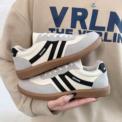 女士多功能时尚休闲鞋，平底防滑系带圆头橡胶底休闲运动鞋，黑色和卡其色拼色，日常搭配，舒适休闲鞋尺码 36-41，时尚