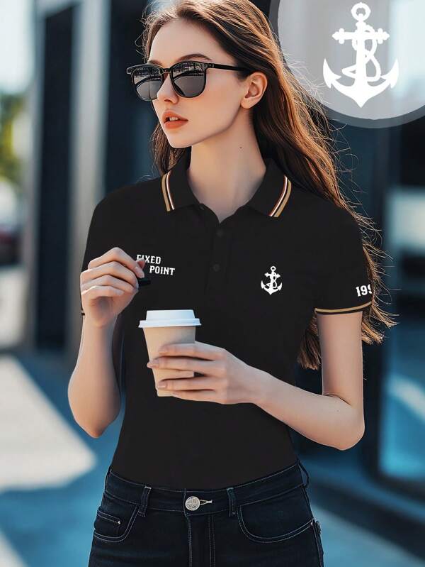 Camisa tipo polo de manga corta para mujer, con estampado de letras tipo ancla