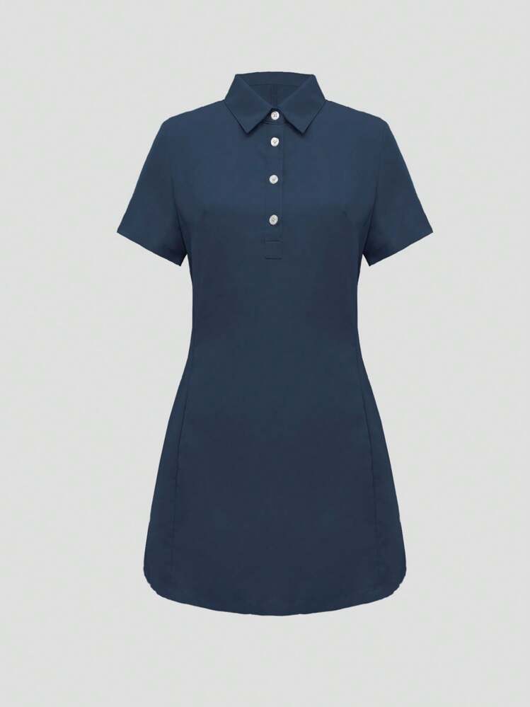 Nuevo estilo primavera y verano, vestido corto elegante y simple para mujer, de solapa, monobotonadura y silueta estilizante - Azul Marino - Añade 3