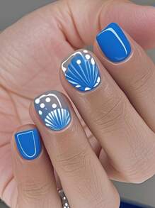 24 Pcs Matte Blue Seashell Design Short Square Nail Art False Nails, With Nail File, Upgrade Your Look