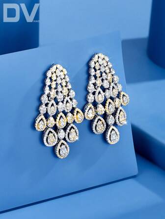 DV JEWELRY 1 Pair Luxury Dual-Tone Cubic Zirconia Pendant Earrings For Women, Elegant Jewelry For Date, Wedding, Anniversary Party, Gift With Gift Box