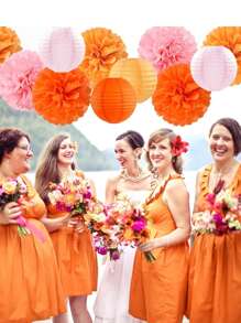 15 buc. hârtie decorativă pentru petrecere la modă roz-portocaliu - felinare cu flori, serpentine din hârtie absorbantă cu pom-pom, potrivite pentru nunți de toamnă, petreceri burlăcițe, aniversări boeme, decor agățat pentru petreceri la apus