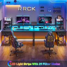 EnHomee 55" Gaming Desk With LED Lights & Power Outlets, Computer Desk With Drawers, Home Office Desks With Reversible Shelves And Monitor Stand, Rustic Brown - 黑色 - 查看 3