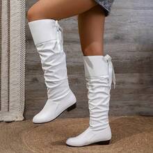 Women's Plus Size Long Pleated Boots, Solid Color, Easy To Wear Design, Round Toe, Medium Square Heel, Suede Lining, PU Upper, Rubber Sole - White - View 3