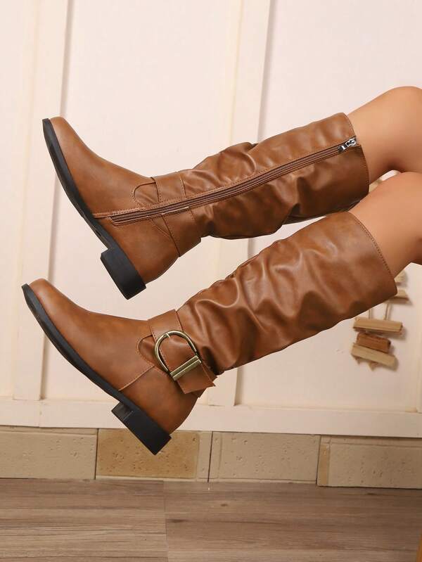 1 Par de Botas Cano Médio Femininas, Design de Cor Sólida, Puxar, Bico Redondo, Salto Bloco, Adequado para Uso Casual, Viagem e Uso Diário, Fivela Retrô
