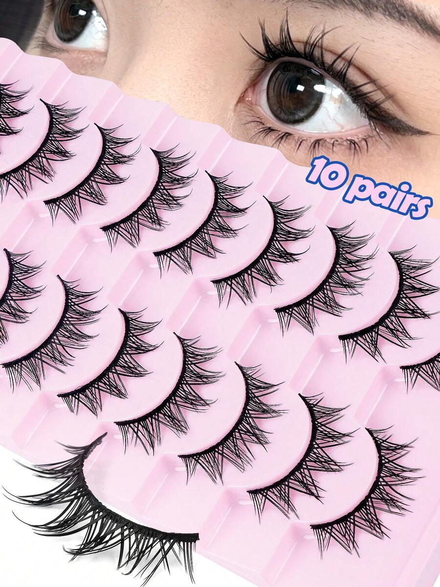 Happy Butterfly 10 对纤细假睫毛，11 毫米蓬松猫眼睫毛，自然外观 3D 貂皮风格条状睫毛，轻盈假睫毛，适合日常妆容 - 黑色 - 查看 1