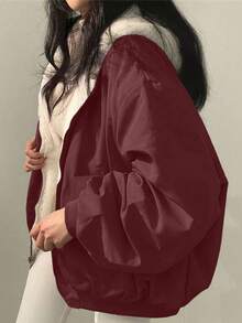 女式超大号连帽仿毛领派克大衣，修身廓形，双面穿，日常街头风格，秋冬短款夹克 - 酒紅色 - 查看 7
