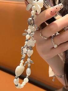 Baroque Phone Lanyard With Beaded String, Luxury Strap For Phone, Camera, Keychain, Women Wristlet Decoration With Pearl, Bow Charm, Fashionable Fashion Accessory - White - View 3