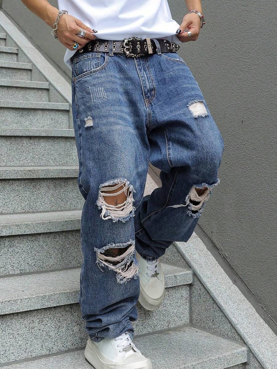 Men's Ripped Jeans Relaxed Fit Straight Leg Distressed Vintage Denim Pants Y2K Hip Hop Skater Streetwear Casual Trousers - 中等水洗藍 - 查看 1