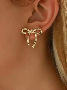 1 Pair Gold Bow Stud Earrings Bohemian Elegant Style Fashion Earrings Women's Fashion Earrings Suitable For Daily Wear