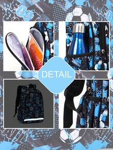 GUSTELL 3pcs Set Kids Backpack With Lunch Box & Pencil Case, Football, Dinosaur, Cartoon Pattern, Suitable For Travel, Camping, Outdoor, With Padded Back And Adjustable Straps, Fashionable Printed (Football Pattern) - Bundles - View 6