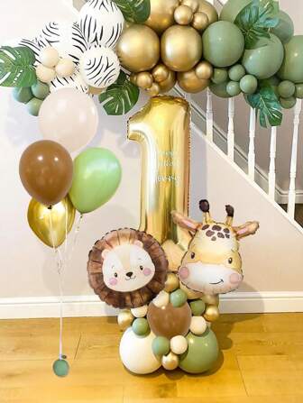 25pcs/Set Jungle Wild Animal Birthday Party Decorations, Adorable Wild Animal Birthday Balloon Set Includes Lion, Giraffe Animal Head Foil Balloons, Vintage Green Brown Latex Balloons, 40inch Light Gold Number Balloons, Suitable For Birthday Party Decor, First Birthday, Christening, Jungle Party, Ceremony, Baby Shower, Carnival Birthday, Wild Forest Animal Zoo Theme Party Supplies, Home Decor Balloons, For 1-9 Years Old Birthday