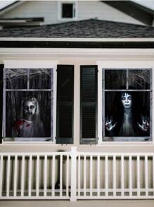万圣节恐怖窗户横幅 - 血腥鬼魂压制玻璃，幽灵鬼屋装饰室内/室外耐用涤纶面料，多种尺寸 - 黑色 - 查看 5
