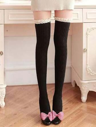 1 par de calcetines por encima de la rodilla de unicolor, calcetines altos adelgazantes con adorno de encaje con lazo, adecuados para otoño/invierno, estilo lolita, calcetines acogedores