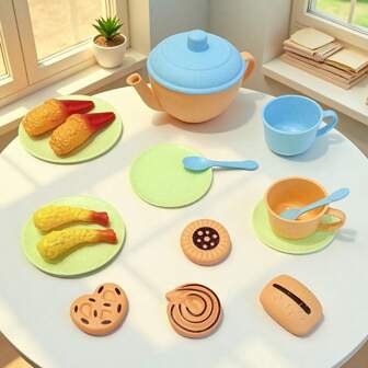 Kids Pretend Play Tea Set Toy, Little Girls Playhouse Tea Party Set, Children Role Play Tea Party Kit, Straw Afternoon Tea Time Toy Set With Teapot, Cups, Spoons, Tray, Suitable For Boys & Girls 3+ Years (Random Color)