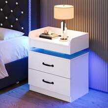 LED Nightstand With Drawers, LED Night Stand With Charging Station, Bedside Table For Bedroom, Modern Night Stand With 2 Wood Drawers End Side Table For Bedroom, Black/ White/ Grey - trắng - Xem 9