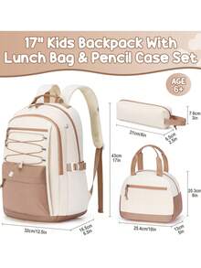 Kids Backpack For Girls, 3 PCS Waterproof Girls Backpack With Lunch Box & Pencil Case, Lightweight Bookbag Set For Kids Teen Girl Travel School Bag For Elementary Middle High School Students, Back To School Essentials - Nâu be - Xem 2