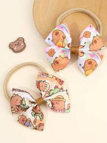 2 件女孩蝴蝶结装饰发带，柠檬/花朵/卡通水豚印花蝴蝶结，弹性发带，可爱清新配饰，适合春季/夏季/上学日/趣味郊游