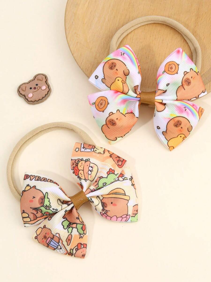 2 件女孩蝴蝶结装饰发带，柠檬/花朵/卡通水豚印花蝴蝶结，弹性发带，可爱清新配饰，适合春季/夏季/上学日/趣味郊游