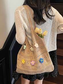 镂空花朵针织托特包，休闲度假风大容量编织女单肩包，通勤沙滩时尚购物手提包 - 卡其色 - 查看 7