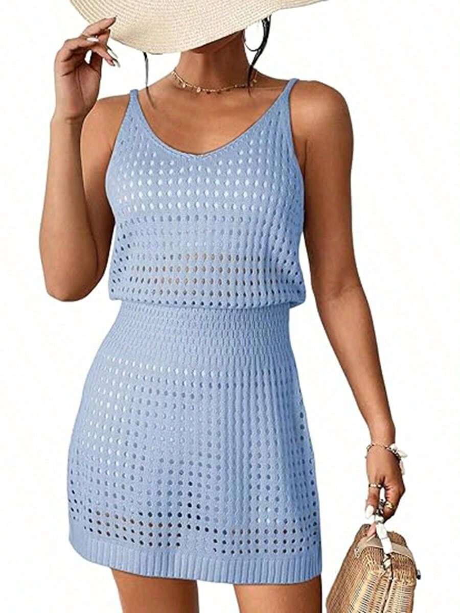 Summer Crochet Hollow Out Knit Beach Bathing Suit Swim Cover Ups Cruise Outfits Vacation Dresses For Women 2025 - 藍 - 查看 1