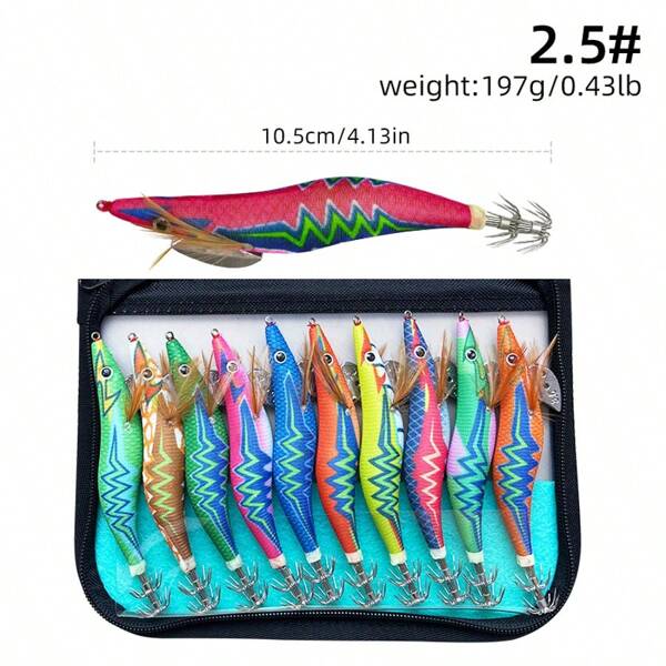Set de 10 señuelos de pesca artificiales con camarones de madera, anzuelos de calamar y cebos duros
