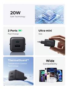 UGREEN 双端口 20W GAN 快速充电器 USB A USB C 适配器适用于 Android 手机兼容 15 16 Pro Max、14 Pro Max 13 Pro Max 12 适合多人充电、多设备充电、家庭充电需求和办公桌手机充电器多端口快速充电高输出功率 - 查看 2