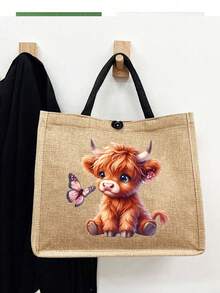 迷人高地牛主题印花图案亚麻手提包、零钱包、字母、拉链袋、个性礼品包、卡通趣味多功能手提包、带黑色扣环的黄色亚麻黑色手提包、购物袋、化妆包、杂物收纳袋