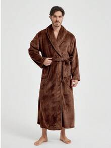 一件男女通用法兰绒和服浴袍，宽松版型，柔软舒适，双口袋设计，保暖内衬，适合休闲穿着，秋冬季节适用。 - 咖啡棕 - 查看 4