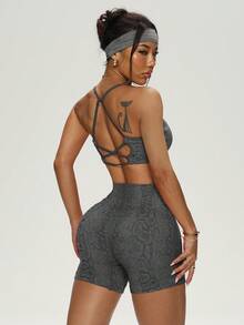 Women's Snake Skin Print Yoga Tank Top And Shorts Set, Suitable For Yoga, Running, Fitness, Spring/Summer Activewear - Dark Grey - View 3