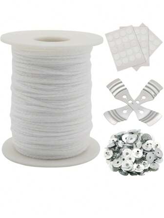 TOEDO 200 Ft Candle Wick Set - Candle Wick With 100 Metal Wicks, 60 Candle Stickers, 2 Wick Holders, Soy Wax Candle Wick DIY Craft Candle Making Supplies Set