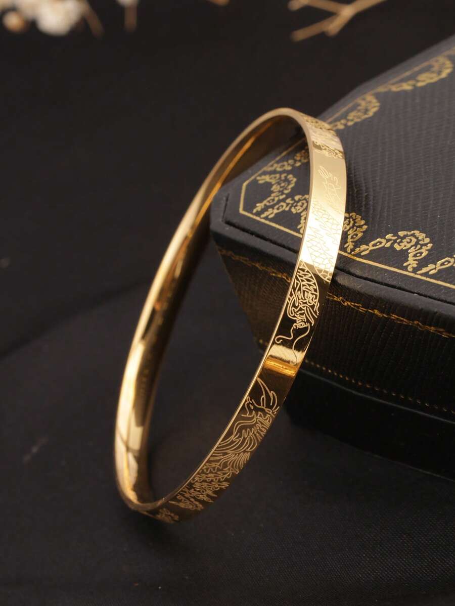 1 chiếc vòng tay may mắn hình rồng phượng bằng thép không gỉ mạ vàng 18K, phụ kiện cổ điển thanh lịch đa năng, phù hợp cho trang phục hàng ngày của phụ nữ, đám cưới, quà tặng cho bạn gái - Vòng tay kín Phượng Hoàng Vàng - Xem 1