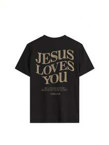 Blusa Feminina T-shirt Estampa Jesus Loves You Casual  100% Algodão Fio3.0 Confortavel  Envio Imediato - Preto - Visão 4
