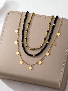 3pcs Metal Textured Pearl Beaded Pendant Necklace Set (Random Number Of Pendants) - Black - View 3