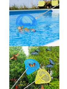 Set de 2 buc pentru pescuit de plajă de vară - Găleată de pescuit pliabilă portabilă cu plasă telescopică din oțel inoxidabil, plasă de prindere a insectelor de grădină cu fluturi, plasă mini colorată pentru curățarea piscinei, potrivită pentru exterior, piscină, plajă, călătorii, camping, picnic, explorare a naturii în aer liber, petrecere în grădină