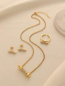 1set Minimalist Copper-Plated 24k Gold Inlaid Blue Stone Earrings, Ring And Necklace Jewelry Set, Suitable For Women's Daily Wear - Yellow Gold - View 3