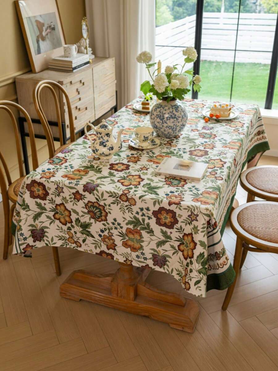 1pc Yellow Floral Jacquard Tablecloth With Green Trim, Suitable For Kitchen, Dinning Table, TV Stand, Holidays, Birthday Parties, Dinner Events, Home Decor, Photoshoot Background - Multicolor - View 1