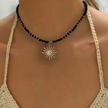 1 件时尚简约波西米亚风格度假月亮和星星吊坠串珠项链 - 黑色 - 查看 6