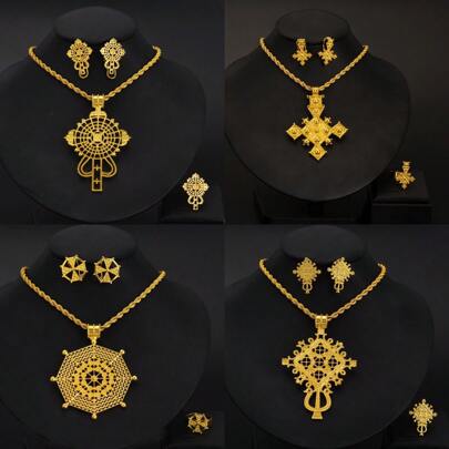Dubai & Style Elegant Cross Jewelry Set - Necklace, Earrings, Ring, Vintage Graceful Jewelry For Women, Traditional Bridal Gifts For African & Saudi Arabian Weddings