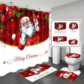 [Popular Choice] 1pc/4pcs Bathroom Curtain Set, Shower Curtain, Bathroom Decor, Bath Mat, Christmas Santa Claus, Christmas Ball And Gift Pattern, Gift, Christmas And New Year Theme Decoration, "Merry Christmas", Classic Minimalist Fashion Bathroom Set, Comes With 12 Hooks.