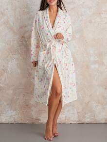 Women Dressing Gown Flannel Robe Floral Print Shawl Collar Bathrobe For Hotel Spa Party Kimono Robe With Belt - White Floral Print - View 2